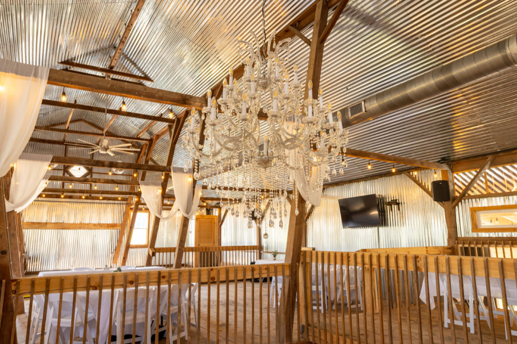 Upstairs reception area chandelier at alpaca mountain events