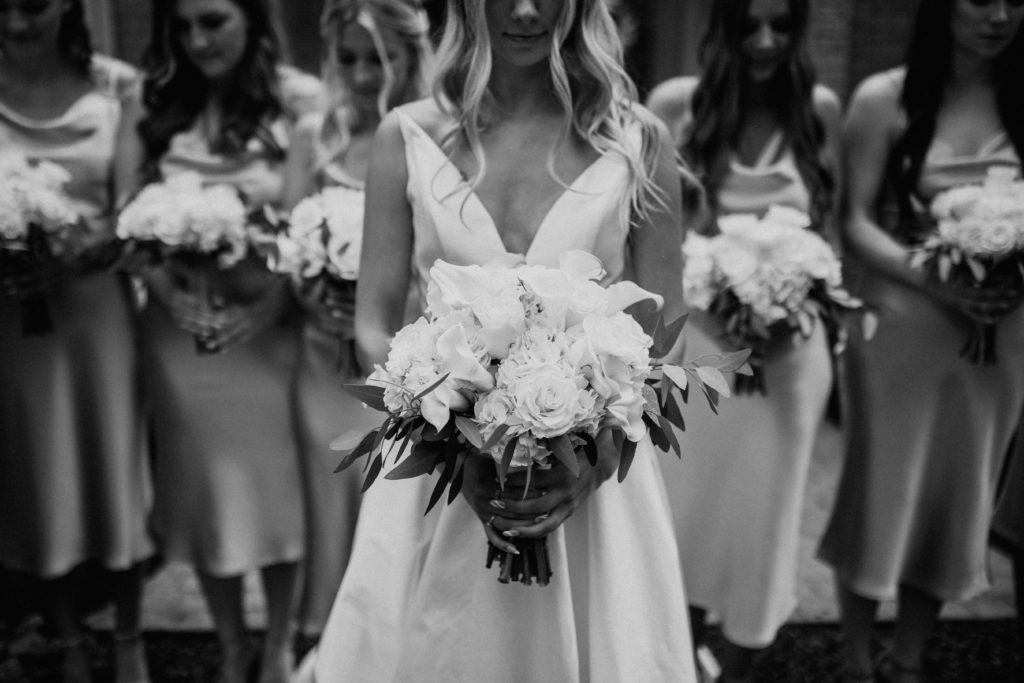 bride with bridesmaids black and white