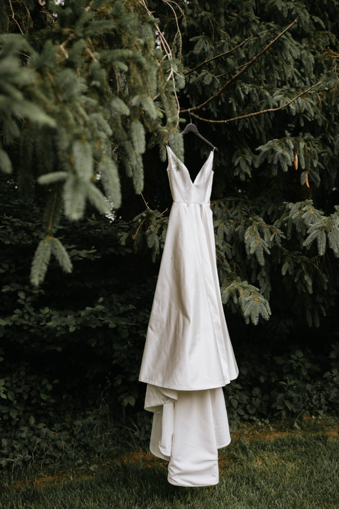 bride dress hanging in tree