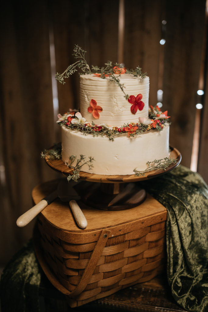photo of white cake with flowers